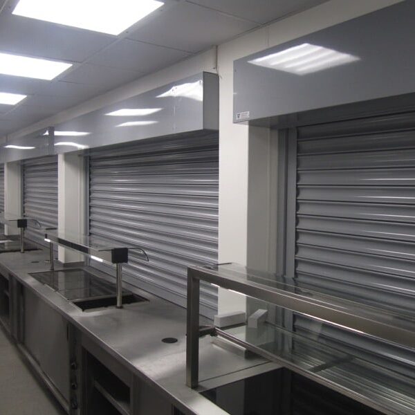Commercial security fire shutters in a kitchen environment